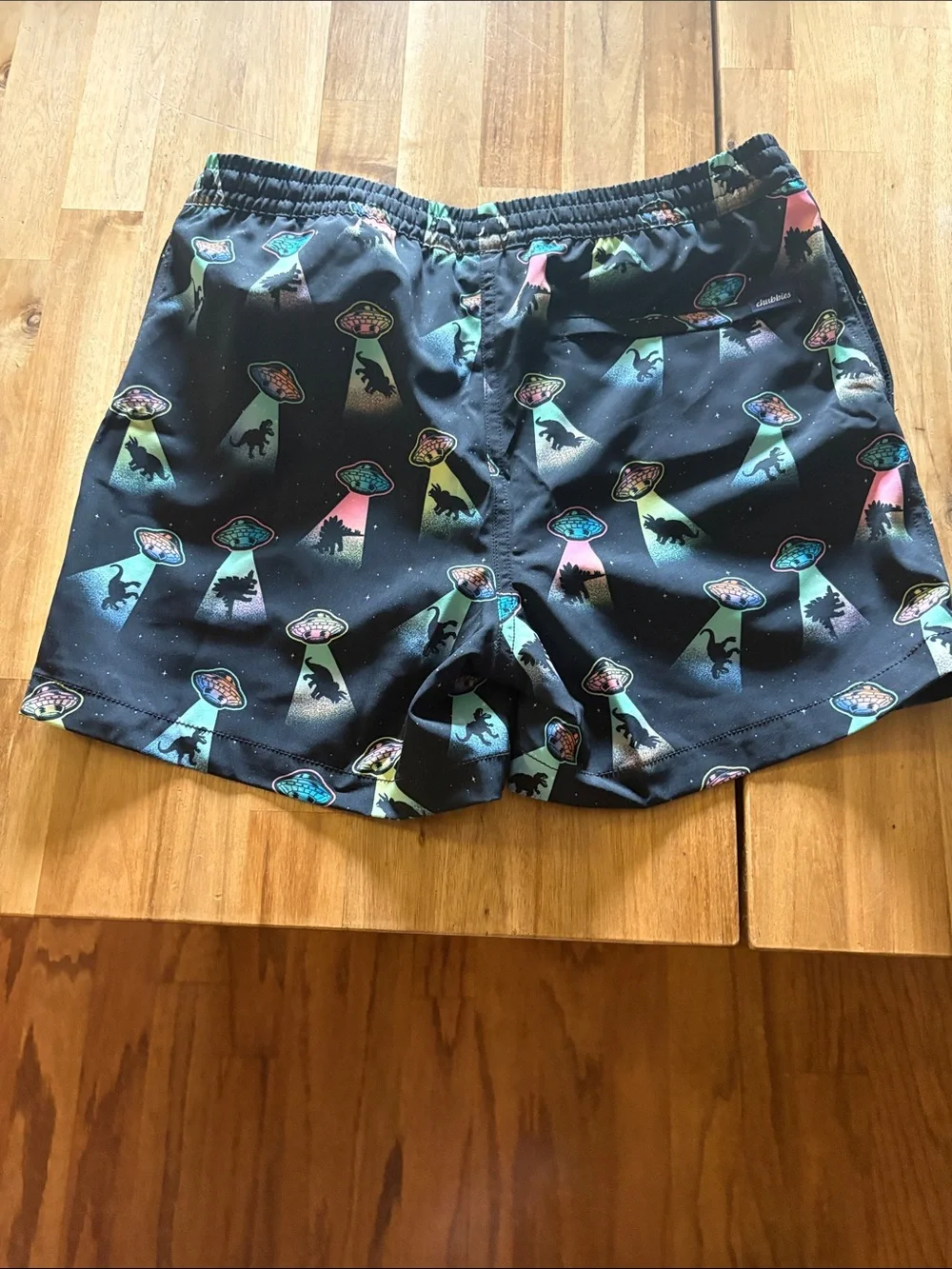 chubbies Black Swim Shorts with Mint, Pink and Teal Dino & UFO Print